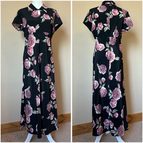 BYER TOO! Vintage 90s Black Floral Print Maxi Dress Empire Waist Key Hole Collar - Picture 1 of 11